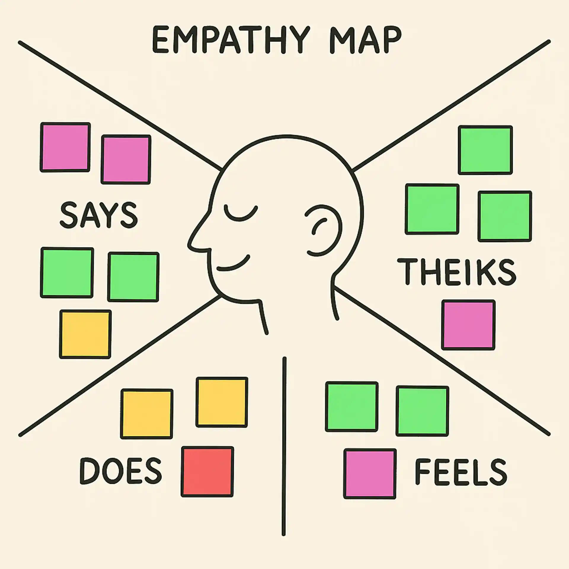 A visual representation of an empathy map showing four quadrants: Says, Thinks, Does, and Feels. The map is filled with colorful sticky notes representing user insights.