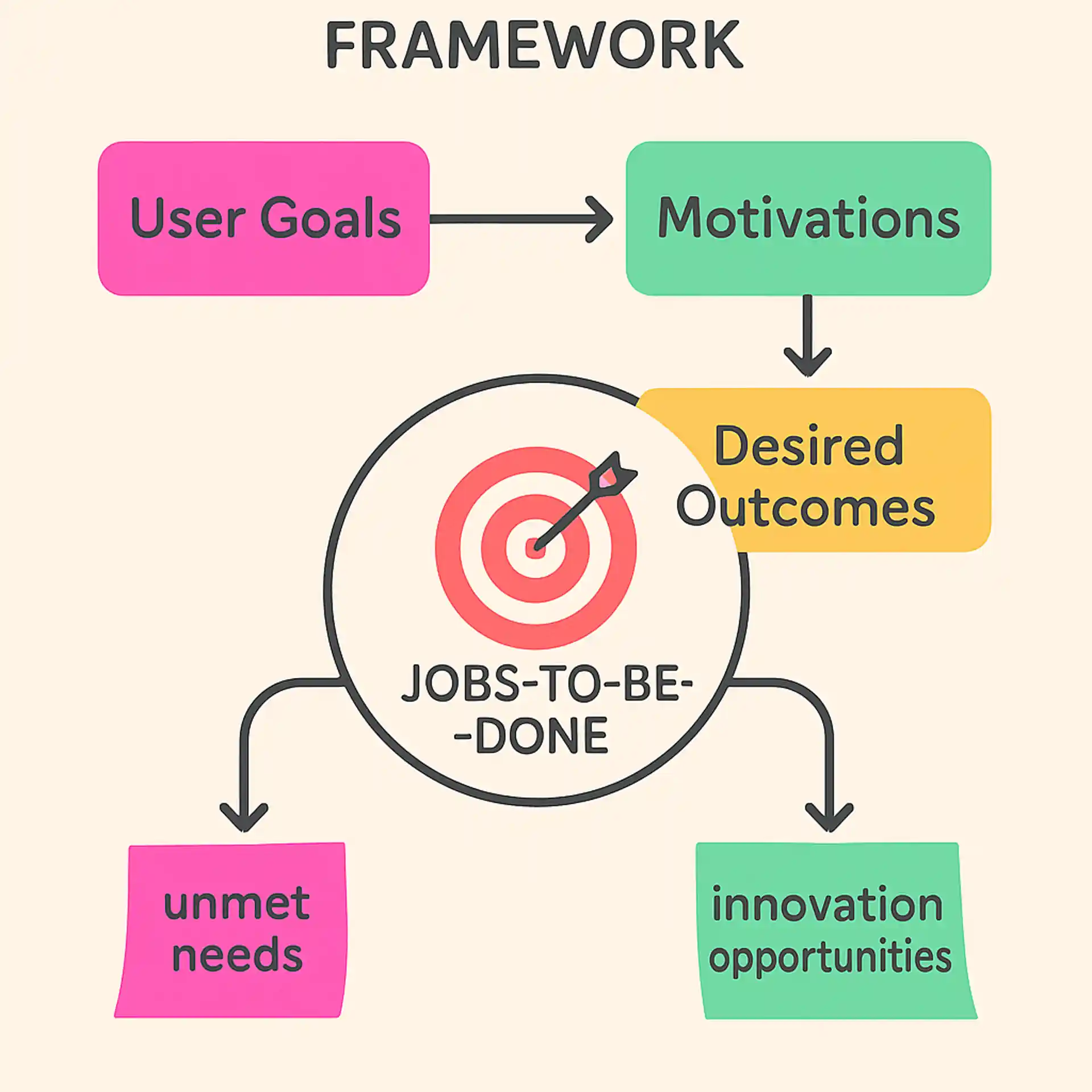 A JTBD framework diagram showing the relationship between user goals, motivations, and desired outcomes.