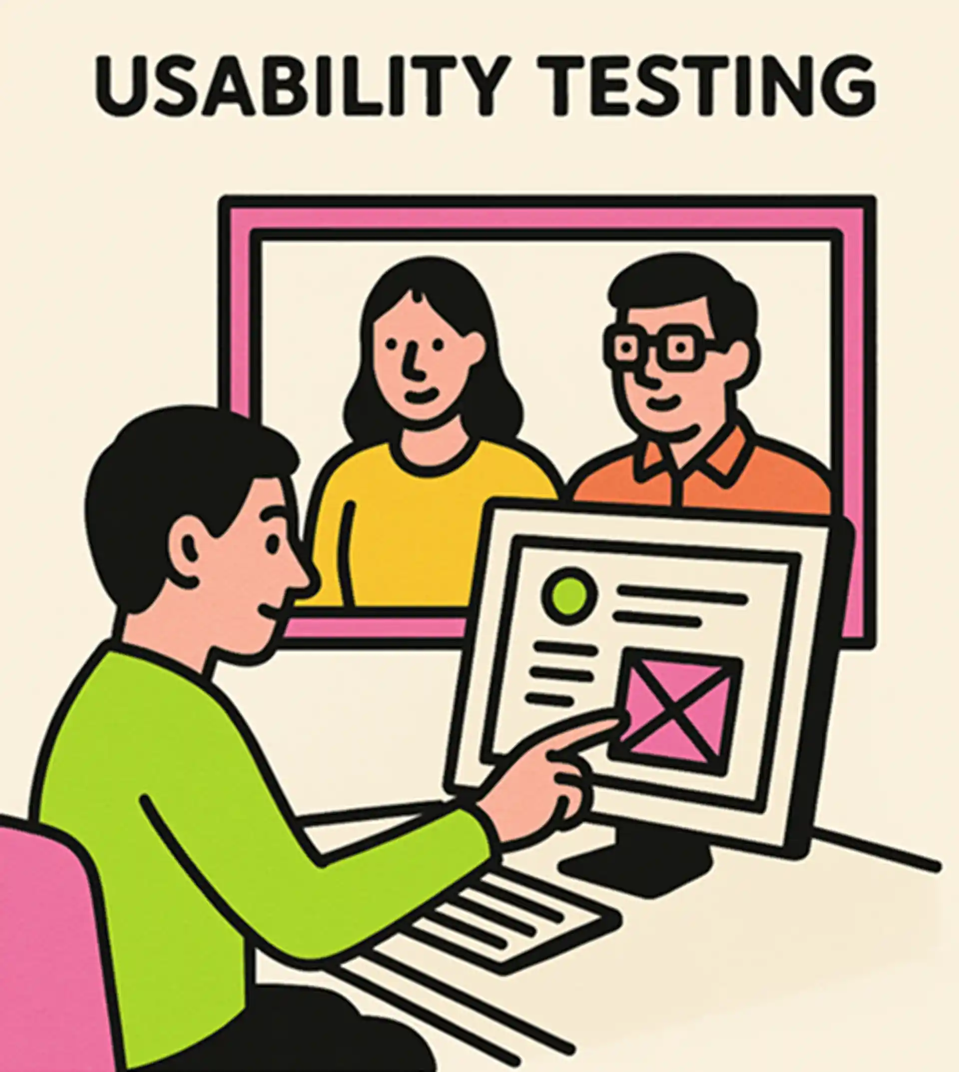 A user testing session setup showing a participant interacting with a prototype while being observed by researchers.