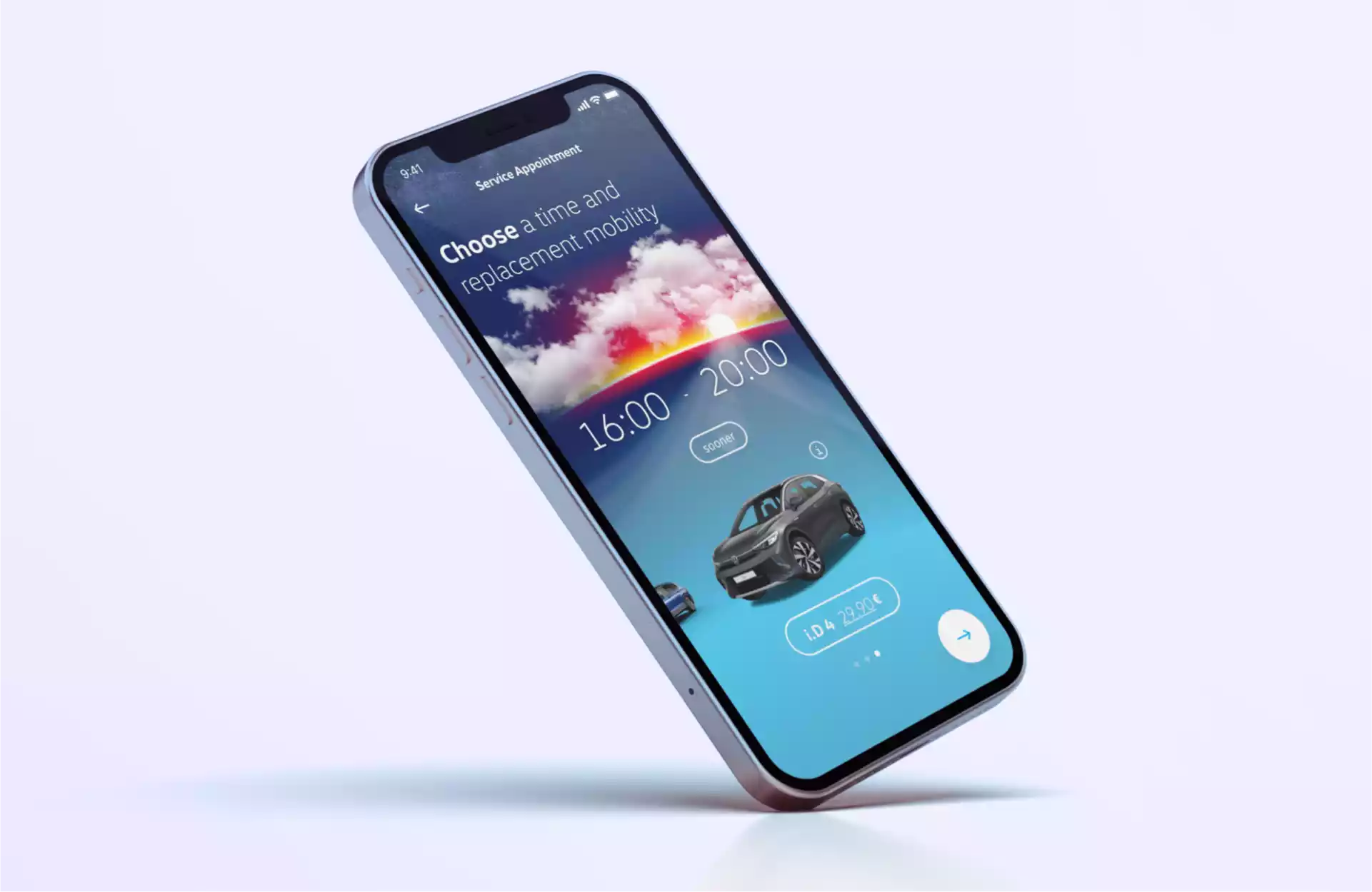 The We Connect ID app displayed in an iPhone mockup. The screen shows a sunset with a car in the foreground. Below the car, there's a button displaying the title and cost. Above the car, the available booking time is shown.
